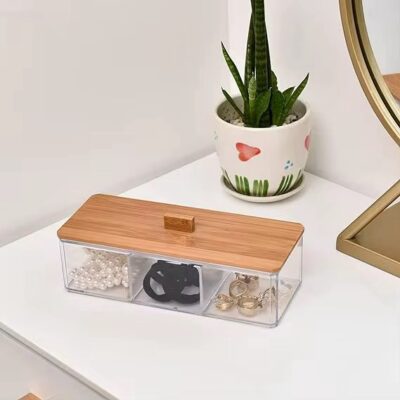 Divided Acrylic Cosmetics Organizer - bamboo lid - Image 3